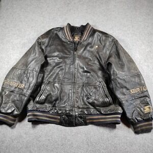 Vintage Starter Men Black Leather Bomber Varsity Jacket Large Zip 90s Distressed